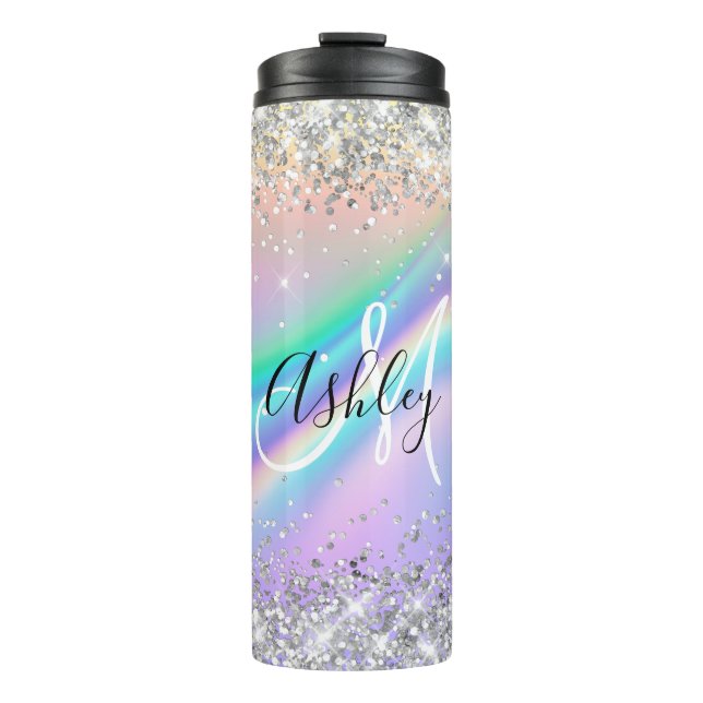 Pastel Rainbow Wave Ombre Silver Glitter Monogram Thermal Tumbler (Front)