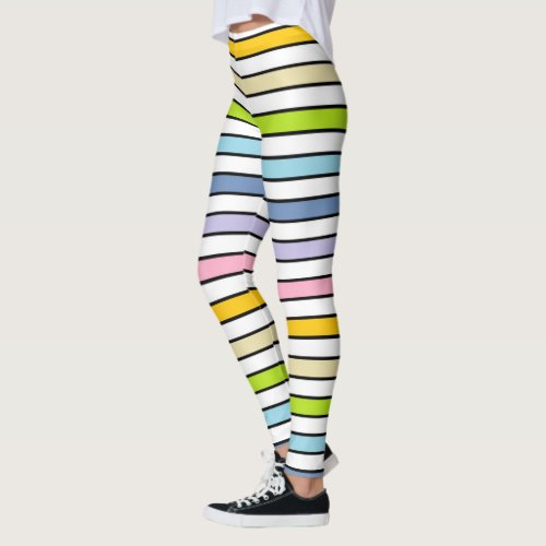 Pastel Rainbow White and Black Stripes Leggings