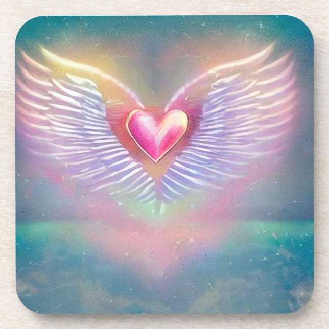 Pastel Rainbow Winged Heart Beverage Coaster (Front)