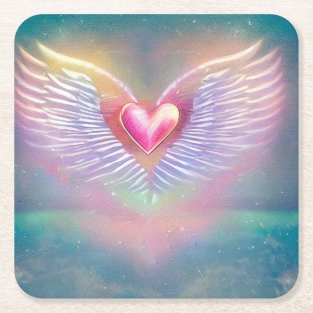 Pastel Rainbow Winged Heart Square Paper Coaster (Front)
