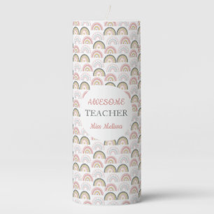Pastel Rainbow With Heart Pattern Awesome Teacher  Pillar Candle