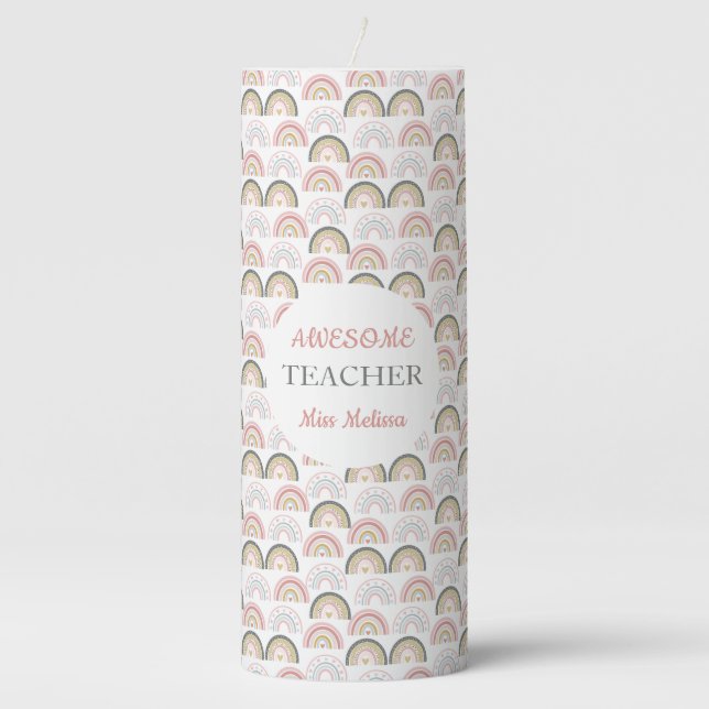 Pastel Rainbow With Heart Pattern Awesome Teacher  Pillar Candle (Front)