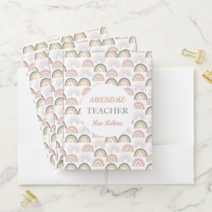 Pastel Rainbow With Heart Pattern Awesome Teacher  Pocket Folder