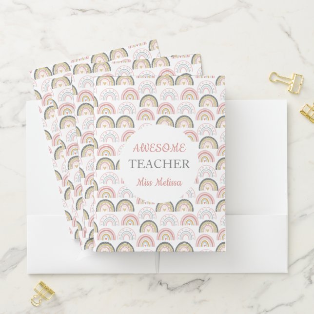 Pastel Rainbow With Heart Pattern Awesome Teacher  Pocket Folder (In Situ)