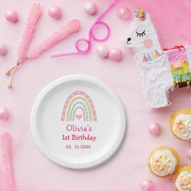 Pastel Rainbow with hearts  first birthday party  Paper Plates (Party)