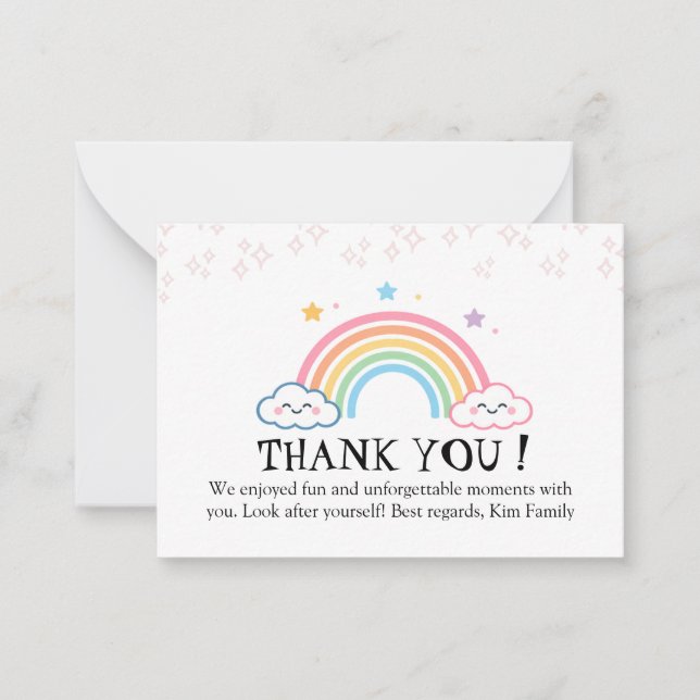 Pastel Rainbow with Smiling Clouds Thank You Note Card (Front)