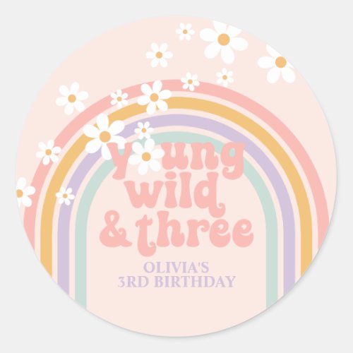 Pastel rainbow young Wild three 3rd birthday Classic Round Sticker