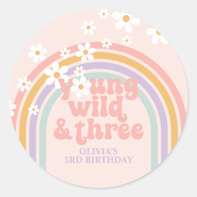 Pastel rainbow young Wild three 3rd birthday Classic Round Sticker (Front)