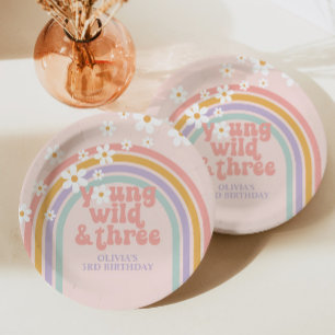 Pastel rainbow young Wild three 3rd birthday Paper Plates
