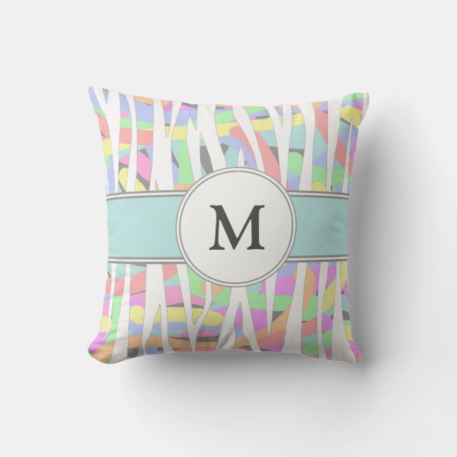 Pastel Rainbow Zebra Print Custom Monogram Throw Pillow (Front)