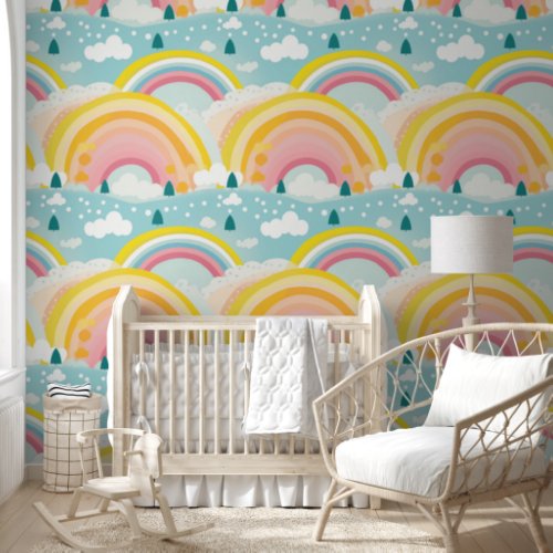 Pastel Rainbows and Clouds Nursery Wallpaper