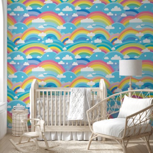 Pastel Rainbows and Clouds Nursery Wallpaper