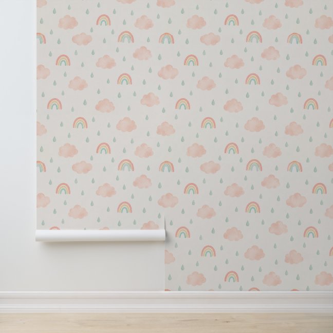 Pastel Rainbows and Pink Clouds Pattern Wallpaper