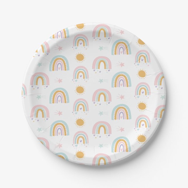 Pastel Rainbows and suns birthday party plates (Front)
