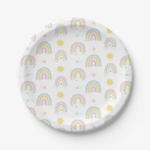 Pastel rainbows baby shower paper plate