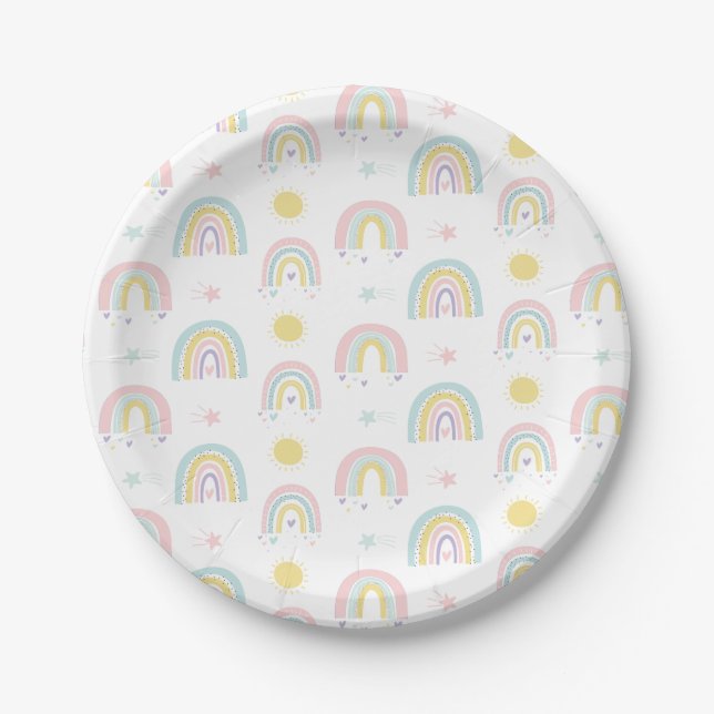 Pastel rainbows baby shower paper plate (Front)