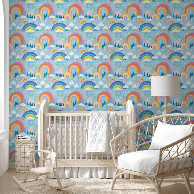 Pastel Rainbows Flowers and Clouds Nursery Wallpaper | Zazzle