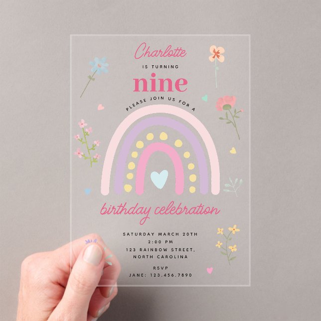 Pastel Rainbows Girl Wildflowers Hearts Birthday Acrylic Invitations (Insitu (Handheld))