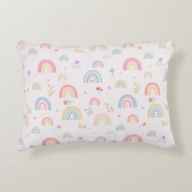 Pastel Rainbows Girly Wildflowers & Hearts Accent Pillow (Front)