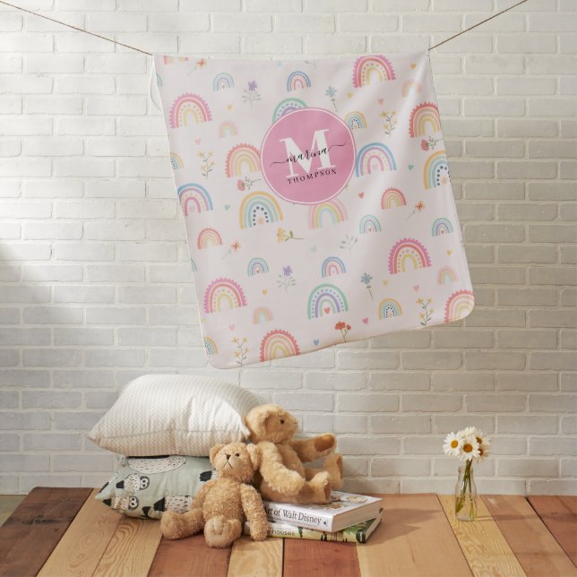 Pastel Rainbows Girly Wildflowers & Hearts Baby Blanket (In Situ)