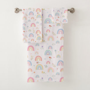 Pastel Rainbows Girly Wildflowers & Hearts Bath Towel Set