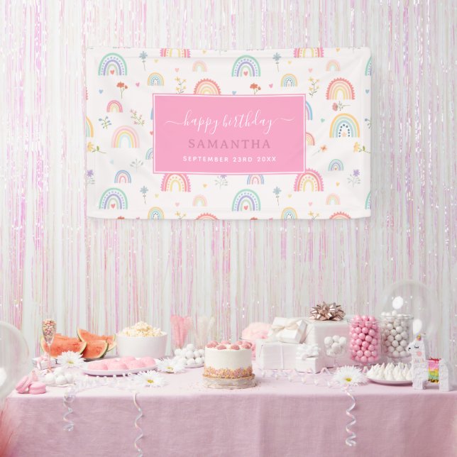 Pastel Rainbows Girly Wildflowers Hearts Birthday Banner (Party)