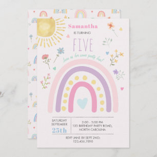 Pastel Rainbows Girly Wildflowers Hearts Birthday Invitation