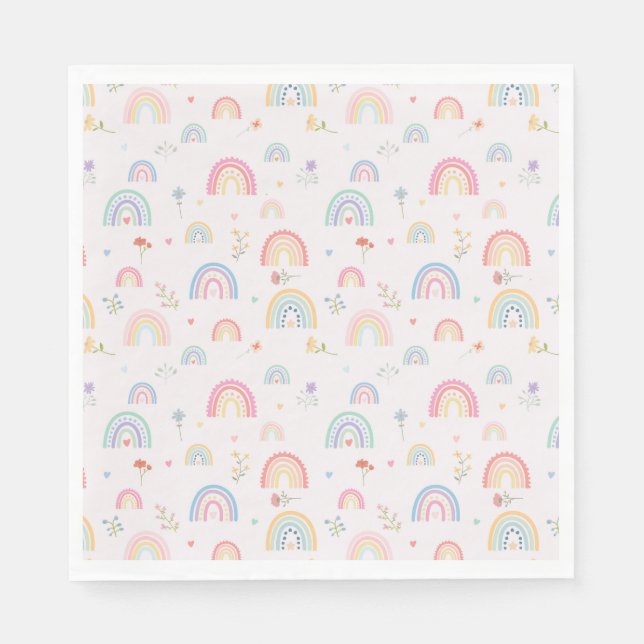 Pastel Rainbows Girly Wildflowers & Hearts Napkins (Front)