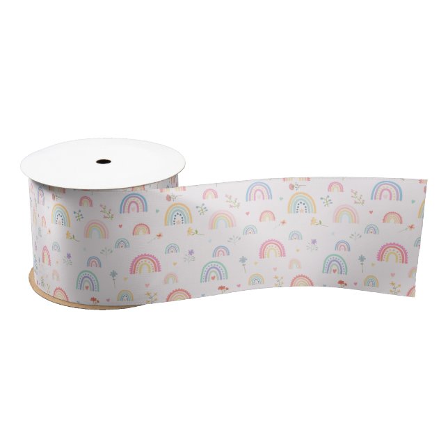 Pastel Rainbows Girly Wildflowers & Hearts Satin Ribbon (Spool)