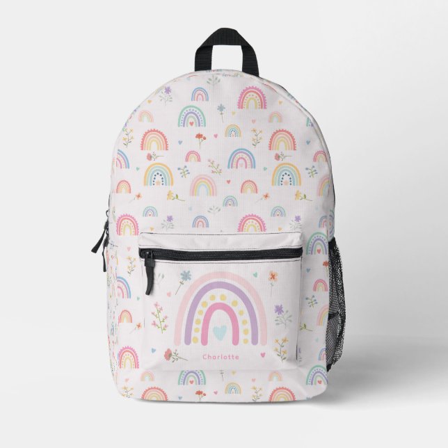 Pastel Rainbows Girly Wildflowers & Hearts School Printed Backpack (Front)