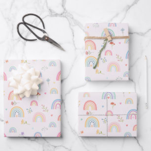 Pastel Rainbows Girly Wildflowers & Hearts Wrapping Paper Sheets