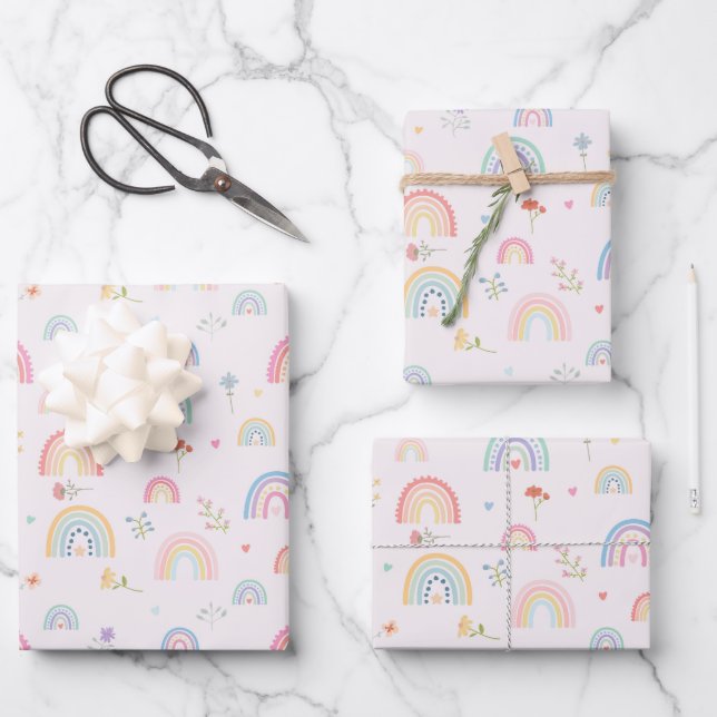 Pastel Rainbows Girly Wildflowers & Hearts Wrapping Paper Sheets (Front)