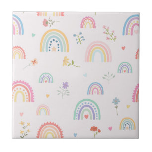 Pastel Rainbows Wildflowers Hearts Girly Nursery Ceramic Tile