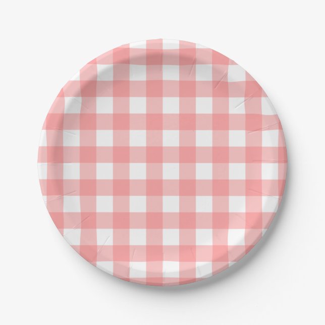 Pastel Raspberry Red Easter Plaid Pattern Paper Plates (Front)