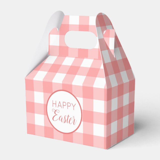 Pastel Raspberry Red Happy Easter Plaid Pattern Favor Boxes (Front Side)