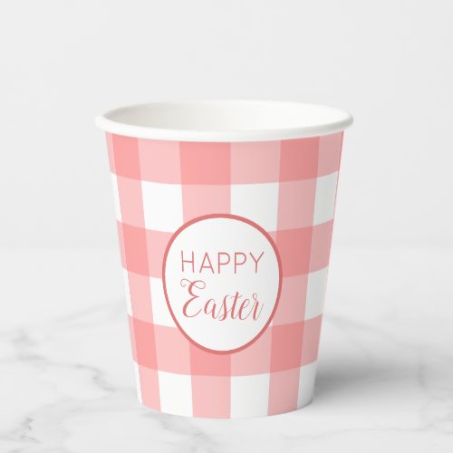 Pastel Raspberry Red Happy Easter Plaid Pattern Paper Cups