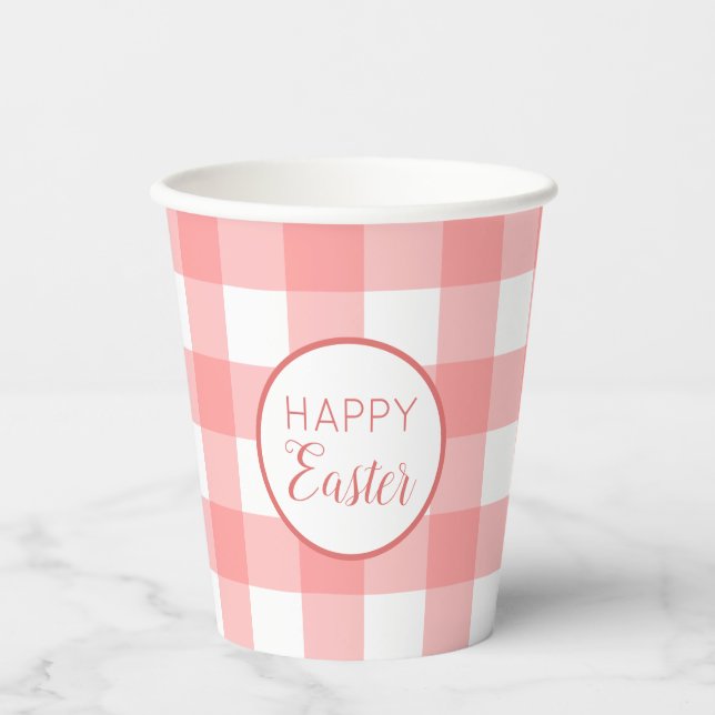 Pastel Raspberry Red Happy Easter Plaid Pattern Paper Cups (Front)