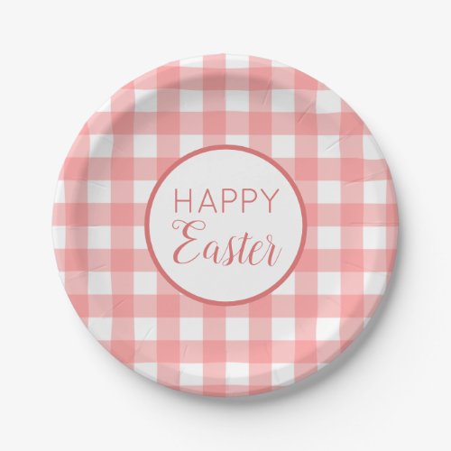 Pastel Raspberry Red Happy Easter Plaid Pattern Paper Plates