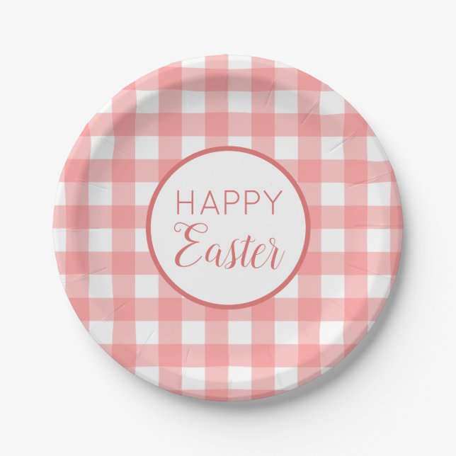 Pastel Raspberry Red Happy Easter Plaid Pattern Paper Plates (Front)