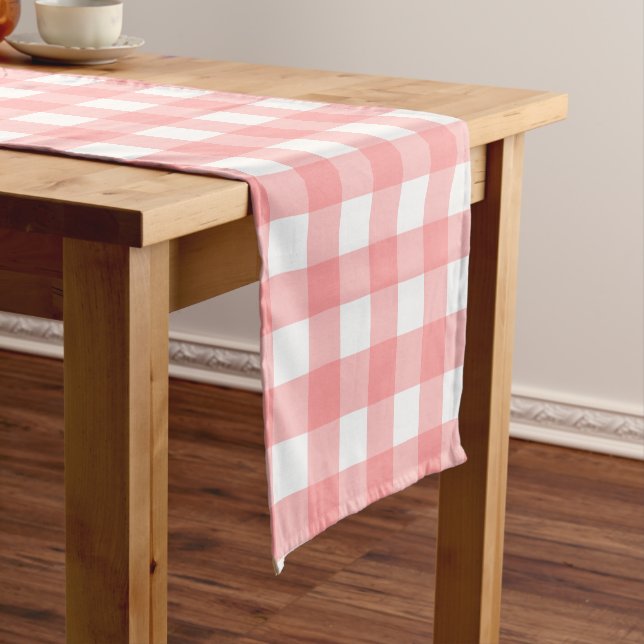 Pastel Raspberry Red Plaid Pattern Easter Short Table Runner (In Situ)