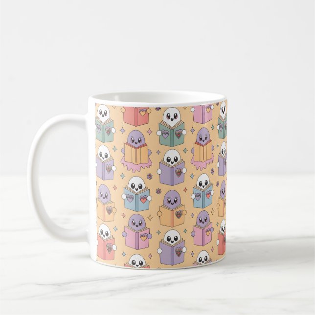 Pastel Reading Retro Ghosts Pattern  Coffee Mug (Left)
