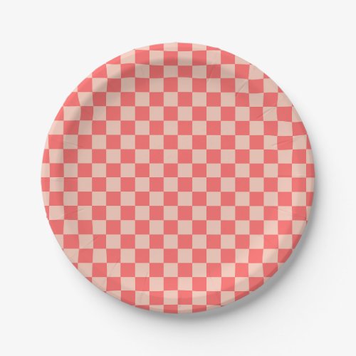 Pastel Red and Light Orange Checkerboard Paper Plates