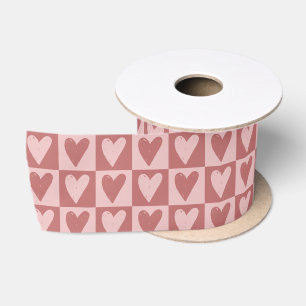 Pastel Red and Pink Checkered Hearts Pattern Satin Ribbon