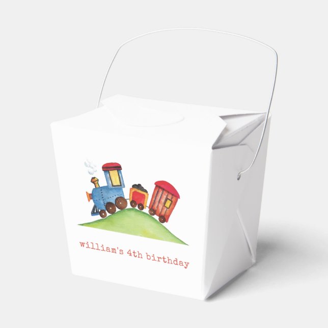 Pastel Red & Blue Train Birthday Party Favor Boxes (Front Side)