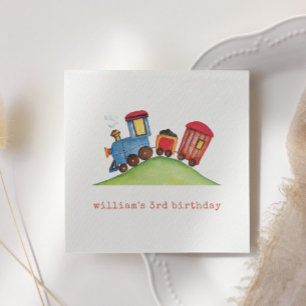 Pastel Red Blue Watercolor Train Birthday Party Napkins