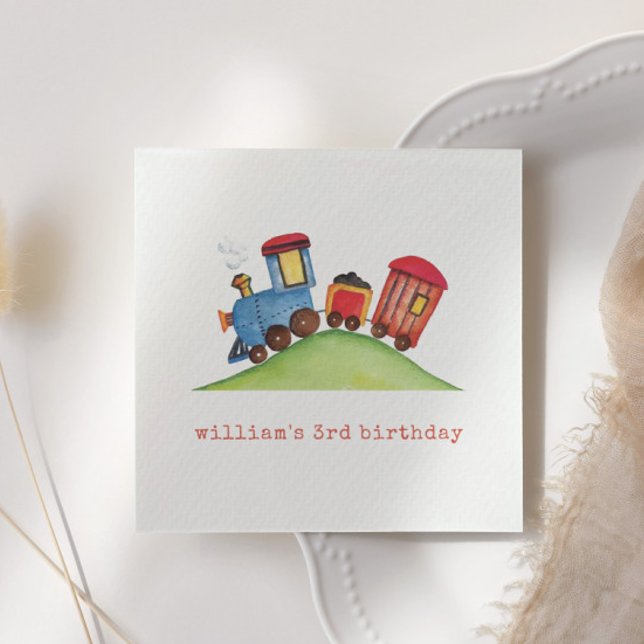 Pastel Red Blue Watercolor Train Birthday Party Napkins (Creator Uploaded)
