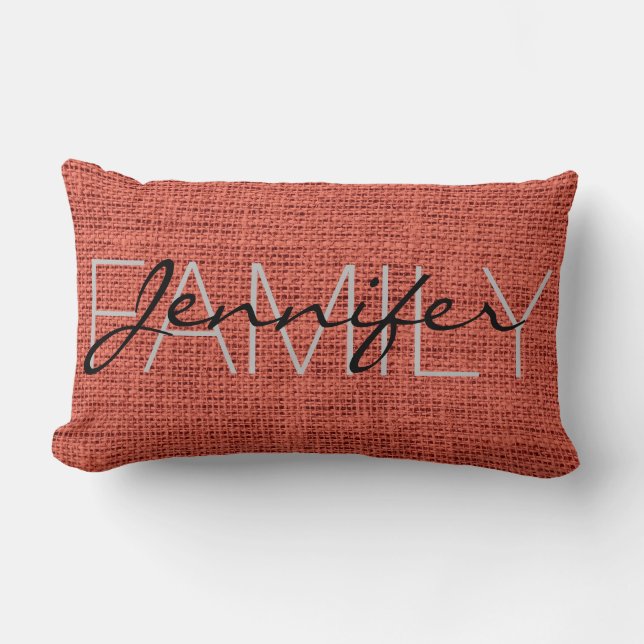 Pastel Red Burlap Rustic Monogram Lumbar Pillow (Front)