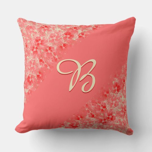 Pastel Red Flower Blossoms Diagonal_Monogrammed Throw Pillow