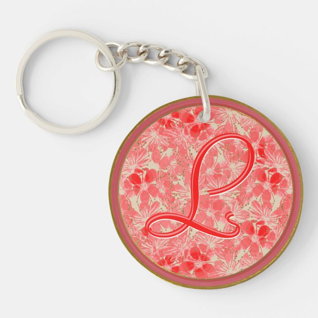 Pastel Red Flower Blossoms on Cream - Monogrammed Keychain (Front)