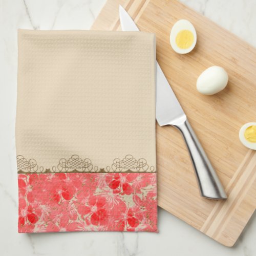 Pastel Red Flowers and Gold Lace _ Monogrammed Kitchen Towel